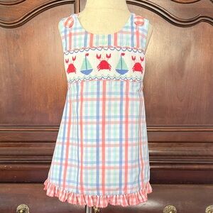 SHRIMP & GRITS Pastel Plaid Top with Crab and Sailboat 3T